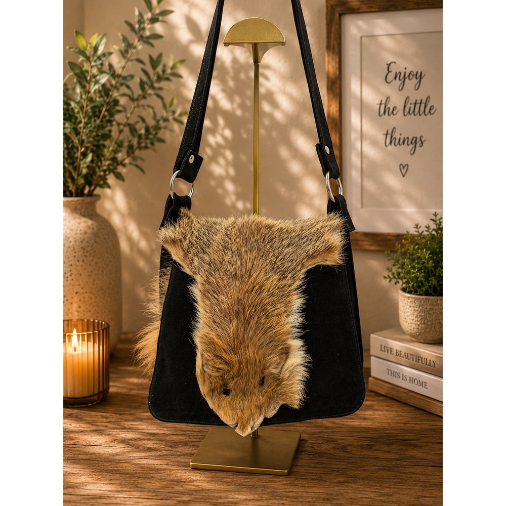 Vintage Black Suede Crossbody Bag with Genuine Taxidermy Fur Pelt Accent